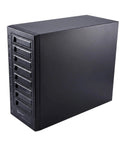 Usb 4 0 Type C Eight Bay Sata Hard Drive Enclosure in black, showcasing eight drive bays and controls from a side angle.