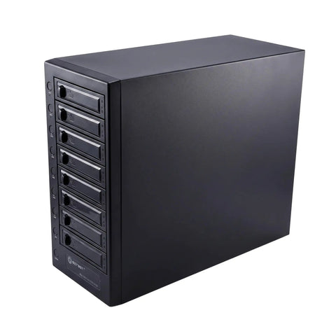 Usb 4 0 Type C Eight Bay Sata Hard Drive Enclosure in black, showcasing eight drive bays and controls from a side angle.