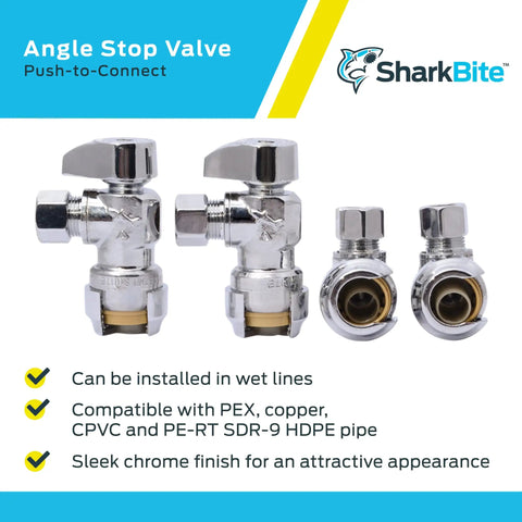 Brass Push To Connect Angle Stop Valves 1/2 In X 3/8 In Compression Quarter Turn Pack Of 4 for PEX Copper CPVC PERT HDPE Plumbing