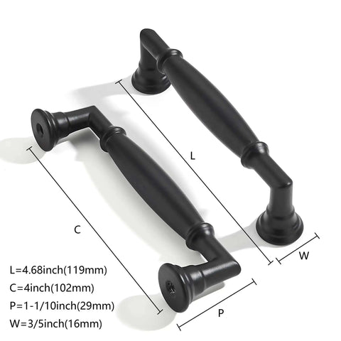 10 Pack Badass Matte Black 4 Inch Hole Center Cabinet Pulls And Handles For Kitchen Bedroom And Bathroom Vanity Hardware Premium Heavy Duty Zinc Alloy Rust Resistant Smooth Grip Texture shown from above with measurements.