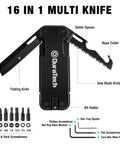 Go-To 16 In 1 Multitool Knife For Outdoors And EDC, Compact Pocket Tool with labeled features and six screwdriver bits