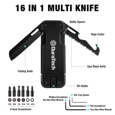Go-To 16 In 1 Multitool Knife For Outdoors And EDC, Compact Pocket Tool with labeled features and six screwdriver bits