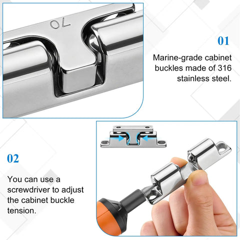 Close-up of 4 Pack Double Ball Tension Double Roller Cabinet Catch 316 Stainless Steel With Mirror Polished Finish showing adjustment with screwdriver