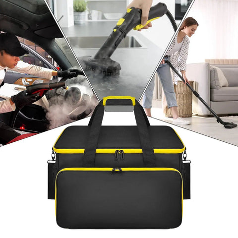 Slick Steam Cleaner Carry Case Featuring Dang Generous Internal Pockets And Hassle Free Straps For Keeping Your Floor Steamer Nozzles And Hoses Super Tidy Anywhere in black with yellow accents.