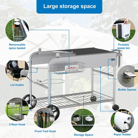 Grill Table Cart For 22 Inch And 18 Inch Original Kettle Charcoal Grills with hooks, lid holder and storage space setup