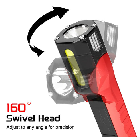 Rechargeable Beast 1200 Lumen Work Light With 160 Degree Swivel Head showing dual COB flood light and LED spotlight feature
