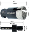 BTBLBITS dry diamond core drill bit, 38 mm (1-1/2 in) head with 3/8 in hex shank adapter.