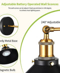 3 Pack Battery Operated Wall Sconces in Black Modern Style, 240° adjustable head, sturdy metal base, magnetic bulb