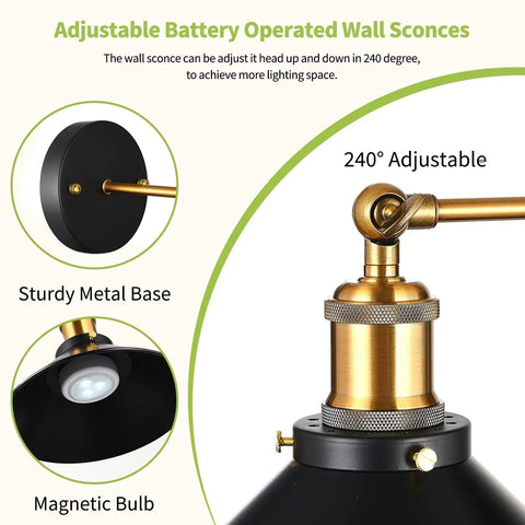 3 Pack Battery Operated Wall Sconces in Black Modern Style, 240° adjustable head, sturdy metal base, magnetic bulb