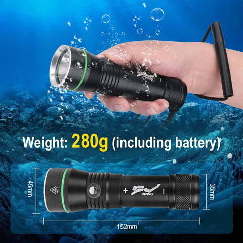 Person holding Beast Underwater Dive Light 1500 Lumen Rechargeable Flashlight IPX8 Waterproof 3 Modes for scuba diving in ocean