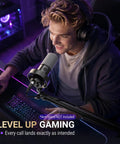 Gamer using Dynamic XLR USB Podcast Microphone For Vocal Recording And Streaming With Mute Button Monitor Headphone Jack.