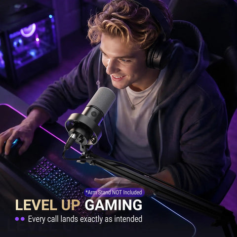 Gamer using Dynamic XLR USB Podcast Microphone For Vocal Recording And Streaming With Mute Button Monitor Headphone Jack.