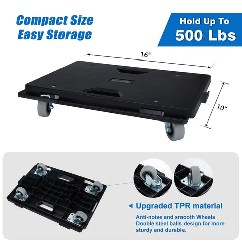 2 Pack Upgraded Connectable Furniture Dollies With Four Wheels Flat Dolly Cart 500 Lbs Capacity For Heavy Appliances Black Move Heavy Stuff Like A Boss shown with dimensions