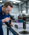 Three Head Purple Laser Level With 2M Charger And 405nm Cross And Linear Laser Generator being used on metal surface indoors