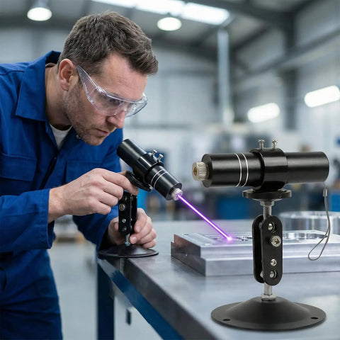 Three Head Purple Laser Level With 2M Charger And 405nm Cross And Linear Laser Generator being used on metal surface indoors
