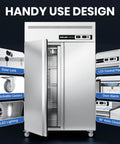 Totally Legit Commercial Upright Freezer Refrigerator Combo With Dual Temp Zones And 36 Cubic Feet Of Hella Spacious Stainless Storage showing door lock, LCD panel, and interior layout.
