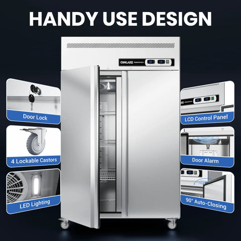 Totally Legit Commercial Upright Freezer Refrigerator Combo With Dual Temp Zones And 36 Cubic Feet Of Hella Spacious Stainless Storage showing door lock, LCD panel, and interior layout.
