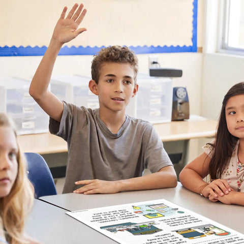 Students in classroom using Six Poster Set Five Themes Of Geography For Social Studies Classrooms Teacher Approved Classroom Ready.