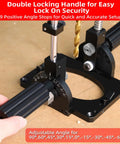 Portable Drill Guide With Angle Stops From -60 To 60 Degrees, Adjustable Drill Press Jig And 1/2 Inch Self Locking Chuck, showing double locking handle and angle stops.