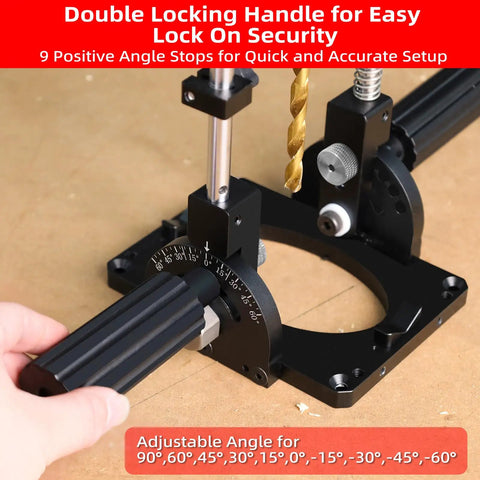 Portable Drill Guide With Angle Stops From -60 To 60 Degrees, Adjustable Drill Press Jig And 1/2 Inch Self Locking Chuck, showing double locking handle and angle stops.