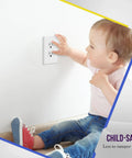 Child interacting with Screwless 1-Gang Wall Plate Covers, Kid Safe Receptacle Covers, Tough Polycarbonate Thermoplastic