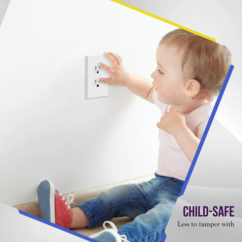 Child interacting with Screwless 1-Gang Wall Plate Covers, Kid Safe Receptacle Covers, Tough Polycarbonate Thermoplastic