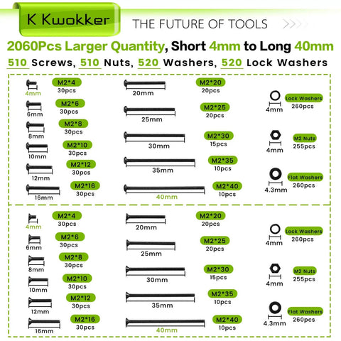 Image of M2 Screw Kit 4mm To 40mm With Button Head And Flat Head Zinc Plated Screws, includes 510 nuts, 520 washers, 520 lock washers.