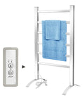 Towel Warmer for Bathroom with Timer and Wall Mounted Plug In Design, 6 Bar Heated Towel Rack with blue towel and remote control.