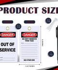 No Sweat Bulk 50 Pack Danger Out Of Service Tags For Industrial Facilities With Double Sided Bold Print And White Cable Zip Ties Plus Marker Pen For Fast Lockout Safety Procedures displaying front and back details.