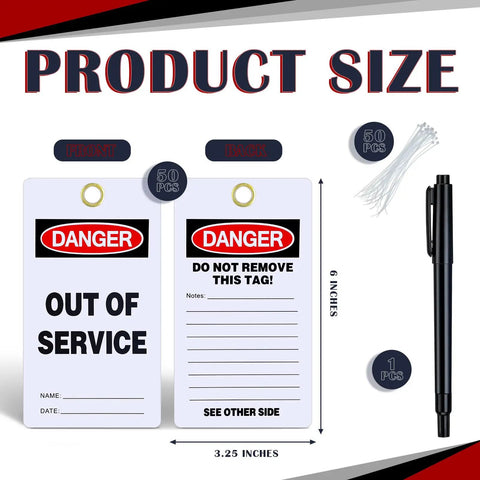 No Sweat Bulk 50 Pack Danger Out Of Service Tags For Industrial Facilities With Double Sided Bold Print And White Cable Zip Ties Plus Marker Pen For Fast Lockout Safety Procedures displaying front and back details.