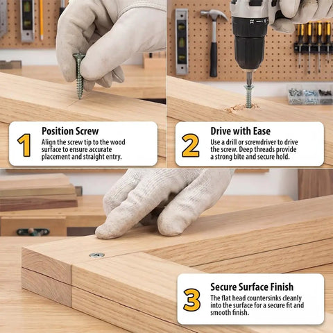 Steps showing Heavy Duty Size 6 X 1/2 Inch Stainless Steel Flat Head Wood Screws, Slick Phillips Drive for Hassle Free Building in use.