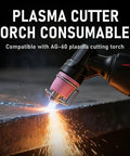 AG-60 Plasma Cutter Torch Consumables Kit cutting metal with torch, showing nozzle and bracket attachment, sparks visible