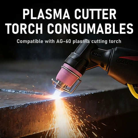 AG-60 Plasma Cutter Torch Consumables Kit cutting metal with torch, showing nozzle and bracket attachment, sparks visible