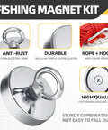 Front view of 2.36-inch fishing magnet kit: neodymium magnet, stainless steel sealing ring, and red rope with carabiner