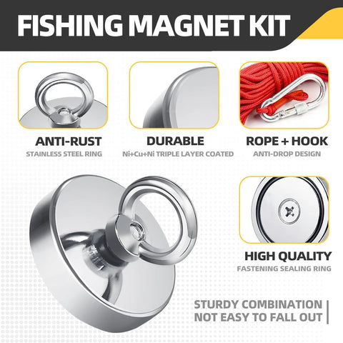 Front view of 2.36-inch fishing magnet kit: neodymium magnet, stainless steel sealing ring, and red rope with carabiner