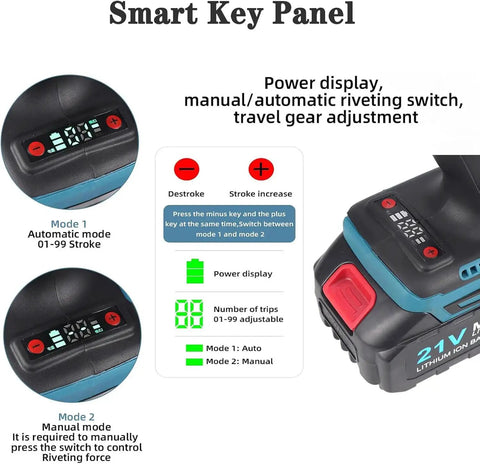 Smart key panel of No Strings Attached Heavy Duty Cordless Rivet Gun With 5.2 Ah Battery And Slick LED Light, showcasing power display and stroke adjustment.