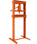 Solid Hydraulic Shop Press With Adjustable Table And Steel Plates 12 Ton Capacity Floor Mount H Frame Garage Powerhouse side view in orange.