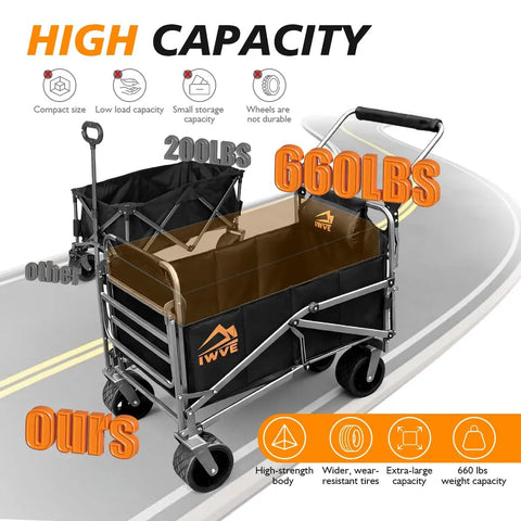 Heavy Duty Folding Wagon Cart With 660 Lb Capacity, 3 In 1 Reclining Camping Wagon, Adjustable Handle, All Terrain Wheels