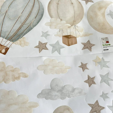 Watercolor Hot Air Balloon Fabric Wall Sticker Peel and Stick Decals With Stars and Clouds for Baby Nursery Kids Bedroom Playroom Decor 120 x 40 cm Eco Friendly Non Toxic Pre Cut Totally Kid Friendly