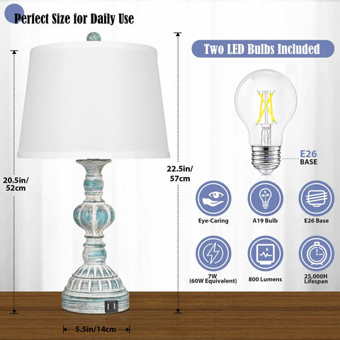 Set Of 2 Rustic Bedside Lamps With 3-Way Touch Dimming And USB Ports, shown with lamp dimensions and LED bulb features.