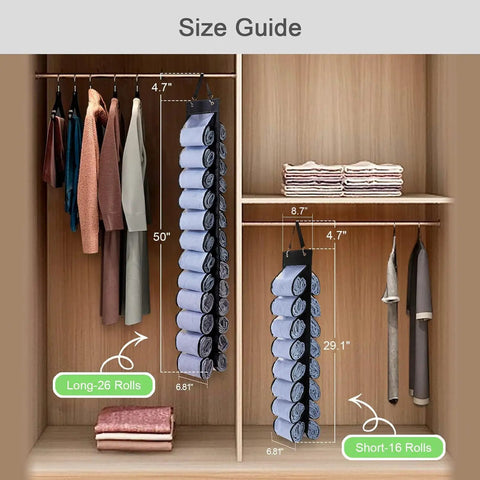 Foldable Hanging Closet Organizer With 16 Roll Compartments For Yoga Pants Leggings And Shirts Space Saving T Shirt Organizer Portable Clothes Storage Rack Durable Fabric Wardrobe Organizer In Black, shown hanging in a wooden closet with size guide.