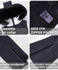 Features of Women's One Piece Ski Suit Insulated Snowsuit For Outdoor Winter Sports Warm And Waterproof Jumpsuit With High Stretch Nylon Spandex Duck Down Fill Slim Yet Flattering Fit Blue XS, including detachable fur collar, side YYK zipper pockets, adjustable windproof YKK cuffs, and adjustable windproof pants legs.