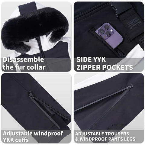 Features of Women's One Piece Ski Suit Insulated Snowsuit For Outdoor Winter Sports Warm And Waterproof Jumpsuit With High Stretch Nylon Spandex Duck Down Fill Slim Yet Flattering Fit Blue XS, including detachable fur collar, side YYK zipper pockets, adjustable windproof YKK cuffs, and adjustable windproof pants legs.