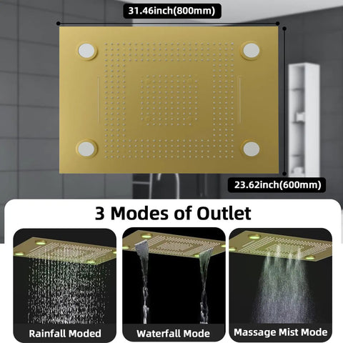 24 X 32 LED Dual Head Ceiling Mount Shower System With Thermostatic Valve Rock Solid 6 Body Jets High Pressure Handheld 6 Inch Rainfall Panel with three outlet modes.