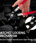 Hand holding ratchet locking pliers from Beefy 9 Piece Hose Clamp Pliers Set With Long Reach Cabled Pliers