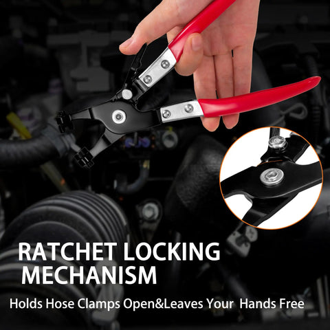 Hand holding ratchet locking pliers from Beefy 9 Piece Hose Clamp Pliers Set With Long Reach Cabled Pliers