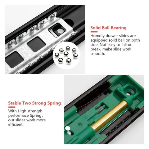 Close-up of 10 Pair 22 Inch Full Extension Drawer Slides with Side Mount and Soft Close showing ball bearings and spring mechanism.