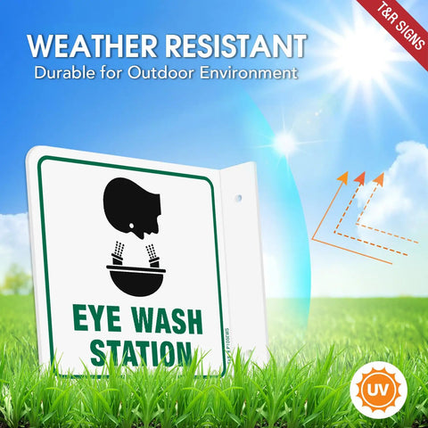 Eye Wash Station Sign 2 Pack 6 By 6 Inches Acrylic Signs With Pre Drilled Holes Including Screws For Office And Business Use UV Resistant Waterproof No Fade shown in outdoor setting