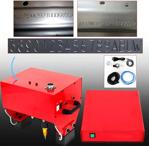Beefed Up Portable Pneumatic Dot Peen Engraving Machine For Heavy Duty Metal Stamping with engraved metal samples.