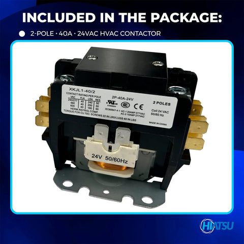 2 Pole 40 Amp 24V HVAC Contactor for AC Heat Pumps and Refrigeration Definite Purpose Relay Replacement, 24V Coil Plug In